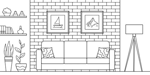 Living room graphic black white home interior sketch illustration vector 