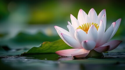 Beautiful white lotus flower blooming on still water surface
