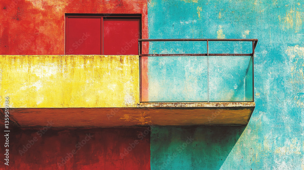 Aufkleber abstract image of a building facade with red, yellow, and teal textured walls, showcasing a small ba