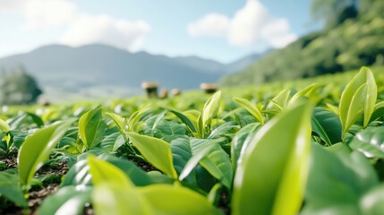 Obraz premium Lush green tea leaves on a hillside farm