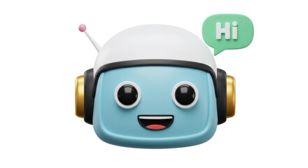 Isolated 3D Cartoon Robot with Speech Bubble Saying Hi