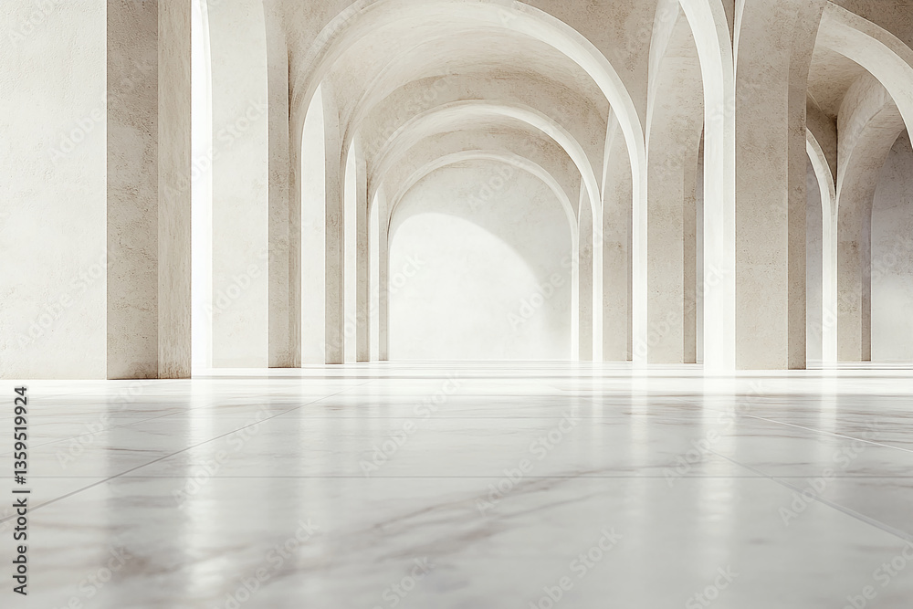 Aufkleber beige marble floor and off-white arched columns create a minimalist, elegant interior scene, showcas