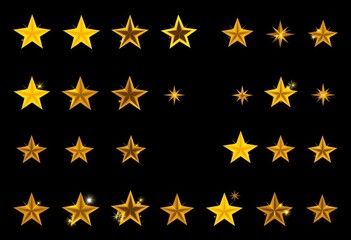 Collection of abstract geometric yellow sparkle star icons with a modern, simple bling effect, celebratory, starburst