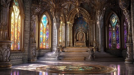 Fototapeta premium Castle throne room showcasing a raised dais with an ornate gilded throne, stained-glass windows filtering colorful light, and detailed stone carvings on the walls. 