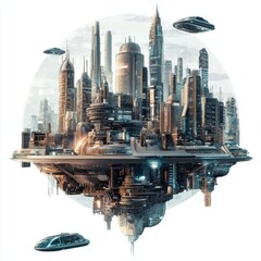 Futuristic Cityscape with Floating Structures and Advanced Technology in a Dystopian Setting