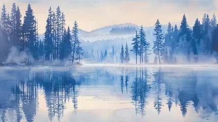 Serene Misty Lake Reflection in Blue Hues Watercolor Painting