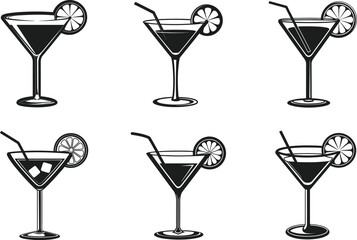 Set of Cocktail Glass Silhouettes with Lemon Slices and Straws – Vector Illustration
