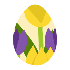 Easter egg drawn in modern hand-drawn style. Easter egg decorated with yellow and purple tulips. Flat style illustration. Easter celebration and spring holiday concept