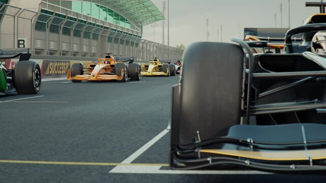 Camera pans along a generic formula one race car in pole position with focus shift to other race cars. Rack focus. Front view. 3D animation rendering. New 2025 black and gold race car design
