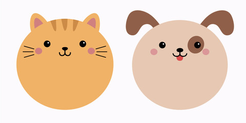 Cat kitten kitty, dog puppy. Round face icon set line banner. Cute cartoon funny character. Kawaii animal. Love card. Childish style. Flat design. White background. Isolated. Vector