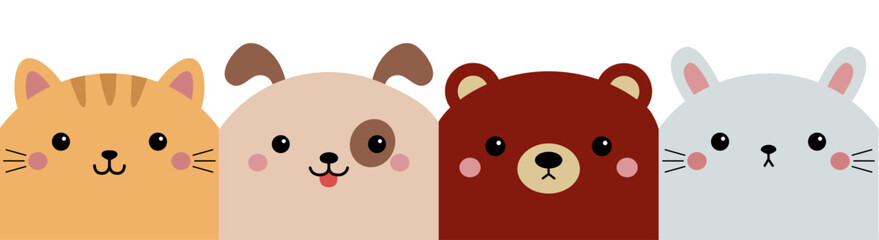 Cat kitten kitty, bear, rabbit bunny hare, dog puppy. Square face icon set line. Cute cartoon funny character. Kawaii animal. Love card. Childish style. Flat design. White background. Isolated. Vector