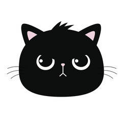 Cute angry sad cat face head. Black silhouette icon. Funny kitten. Kawaii pet animal. Happy Halloween. Cartoon funny baby character. Childish style. Flat design. White background. Vector illustration