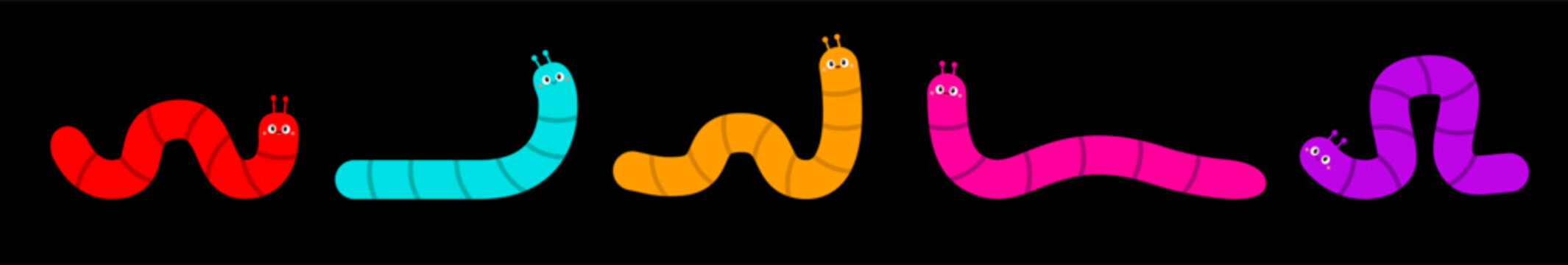 Naklejki Caterpillar set line banner. Insect icon. Colorful cartoon funny kawaii baby animal character. Cute crawling bug collection. Smiling face. Bright color. Flat design. Isolated Black background. Vector