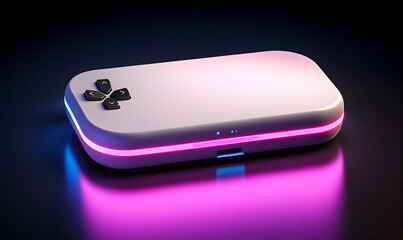 Sleek handheld gaming device with vibrant LED lights reflecting on a glossy surface