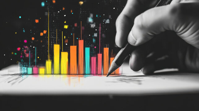A modern artist's hand sketching with a pencil, but the drawn lines morph into colorful, floating bar graphs that rise dynamically from the paper