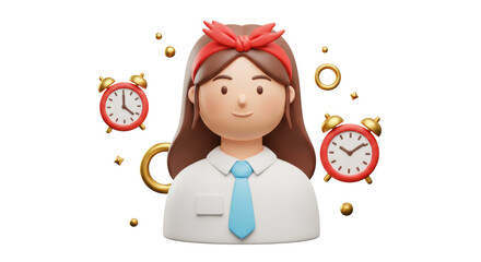 Isolated Cartoon Woman with Alarm Clocks for Time Management