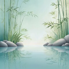 Tranquil bamboo forest with stones and water reflection