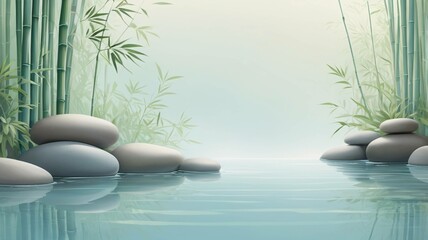 Tranquil bamboo forest with stones and water reflection