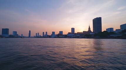 Fototapeta premium Chao Phraya River panorama: Cityscape featuring Wat Arun temple and surrounding urban structures, photographed from across the river, golden hour lighting. 