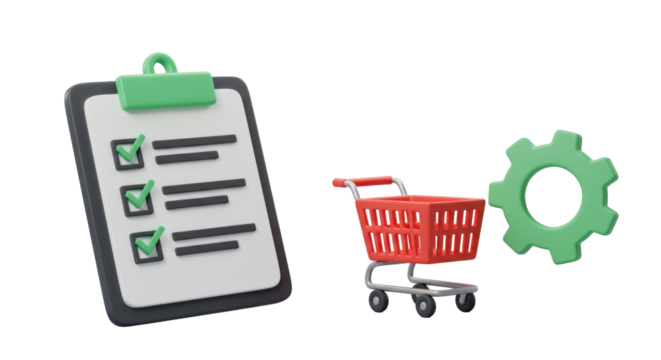 Isolated Checklist, Shopping Cart and Gear in a Business Composition