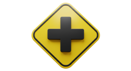 Isolated Yellow Warning Sign with Black Plus Symbol