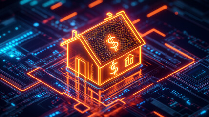 Obraz premium ネオンハウスとデジタル回路が象徴する近未来の不動産資産