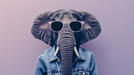 An elephant wearing purple sunglasses and a blue denim jacket. The elephant is looking at the camera with a serious expression.