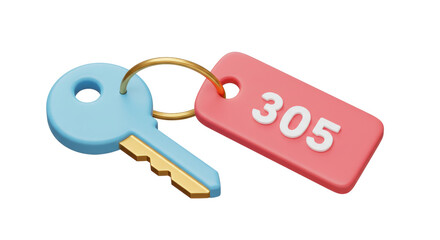 Isolated Blue Key with Room Number 305 Tag