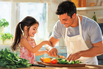 Man and girl cooking in a colorful kitchen filled with fresh ingredients and utensils. They mix, chop, and laugh together in a warm and inviting setting.