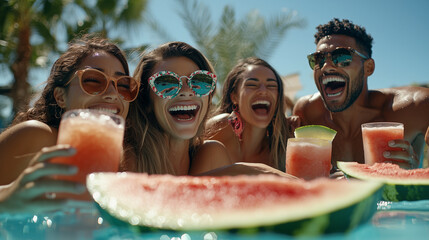 Fun Poolside Moments with Friends and Watermelon Celebrating Togetherness