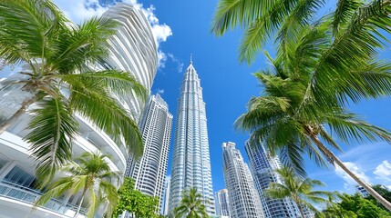 Majestic Skyscrapers Lush Palm Trees in Tropical Cityscape