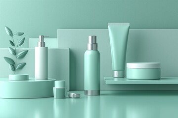 A serene arrangement of mint green skincare products on a soft textured background, embodying freshness and tranquility.
