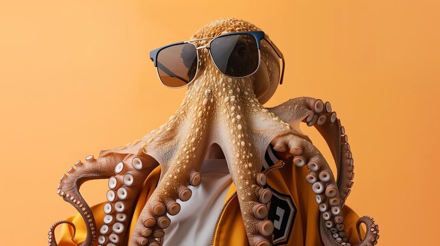 A close-up of an octopus wearing sunglasses and a yellow jacket. The octopus is looking at the camera with one eye.