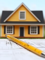 A yellow house model and blueprints with a pen on them