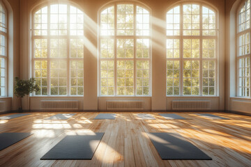 Fototapeta premium Large windows fill a yoga room with soft light, illuminating sleek wooden floors and serene ambiance.
