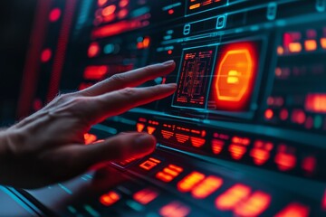 High output concept. High-tech interface with a hand interacting with digital elements.