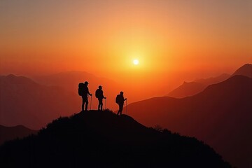 Three Hikers Silhouetted on Mountain Peak at Dawn