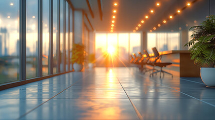 Fototapeta premium A serene office corridor at sunset, showcasing large windows and warm light flooding the space.