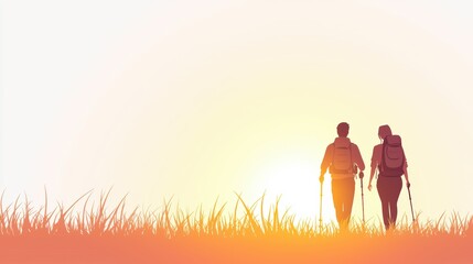 Silhouettes of two hikers walking together at sunset, surrounded by tall grass, conveying a sense of adventure and tranquility.