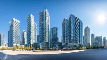 Fototapeta premium Cityscape with a dominant central skyscraper, modern high-rises surrounding it, bright sunlight accentuating glass facades, clear blue sky, panoramic composition. 