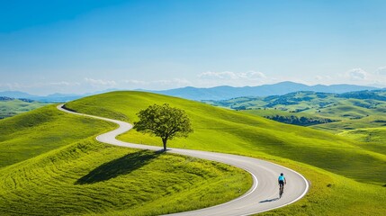 High output concept. Winding road through green hills under a bright blue sky.