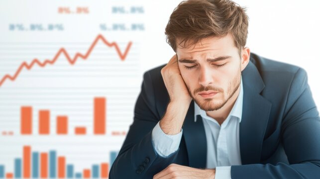A frustrated businessman sits at a desk, resting his chin on his hand, with a financial graph in the background showing fluctuating trends.