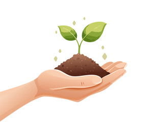 Hand holding soil in for planting. Environmental growth, save planet friendly.
