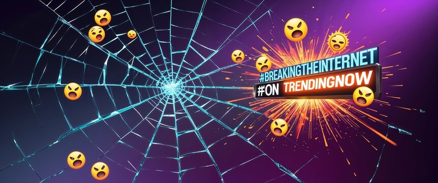 In a digital design, shattered glass displays various angry emojis while showcasing trending hashtags. This creative visual captures the essence of viral social media content