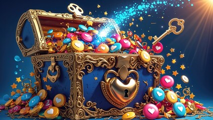 A beautifully designed treasure chest bursts open, spilling vibrant tokens and sparkling magical keys. The captivating scene captures a moment of joy and wonder, drawing online attention