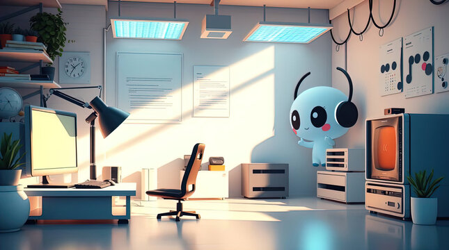Gentle soft light bathes an adorable and cute Cyberpunk IT lab, diffused shadows creating subtle illumination on charming features, pastel color palette