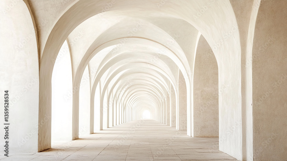 Poster long corridor with creamy white arches, creating a perspective leading to bright light, showcasing a
