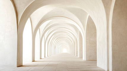 Obraz premium Long corridor with creamy white arches, creating a perspective leading to bright light, showcasing architecture, serenity, and endless possibility
