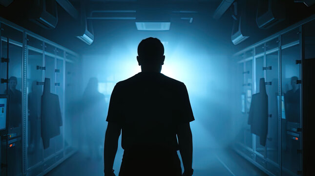 Ethereal, spiritual vibe. Silhouetted figure in a cyberpunk IT lab, backlighting creating a light aura, mystical feeling. Deep shadows, soft light source behind the subject