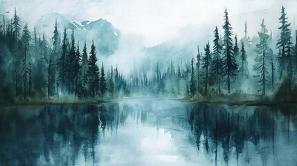 Fototapeta premium Misty Mountain Lake Reflection: A Serene Watercolor Landscape